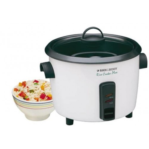 Black & Decker RC550 rice cooker in white with black accents and a glass lid.